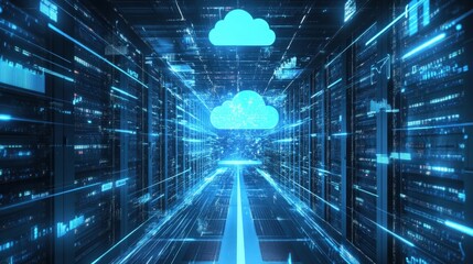 Poster - 3D rendering of cloud computing, with data streams being uploaded and downloaded between virtual cloud servers.