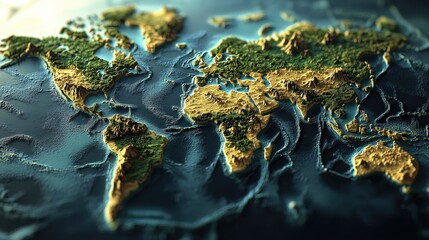 Poster - A 3D-rendered world map with raised continents, showing realistic topography and geographic details.