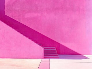 Poster - Bright Pink Building Exterior with Geometric Staircase and Strong Shadow