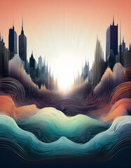 Aufkleber - Surreal cityscape with waves and radiant sunset