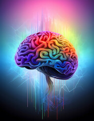 Poster - Colorful brain illustration with vibrant energy waves surrounding it