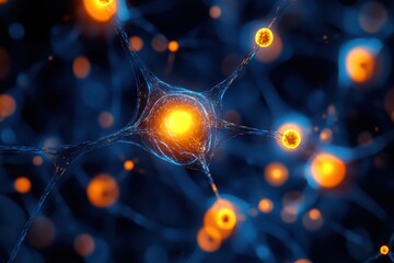 Poster - Neurons glow with blue and orange light on a dark background. Ideal for science, technology, or medical illustrations and concepts.