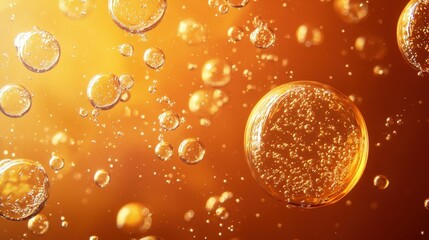 Poster - A bubbly soda bubbles background with effervescent golden orbs rising in a deep amber liquid