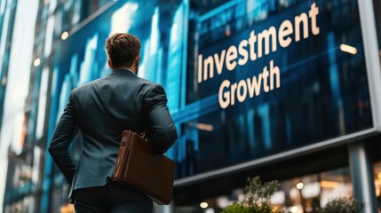 Poster - A businessman holding a briefcase, standing in front of a large 