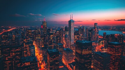 Poster - A cityscape at dusk featuring illuminated skyscrapers, showcasing the booming real estate market
