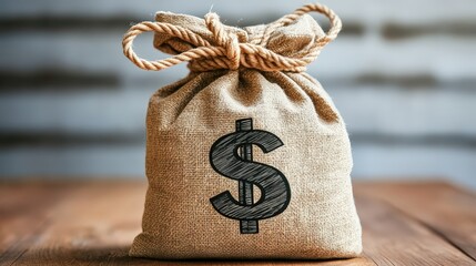 Poster - A classic bank-style money bag with a big dollar sign printed on it, tied with a thick rope.