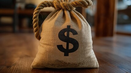 Poster - A classic bank-style money bag with a big dollar sign printed on it, tied with a thick rope.