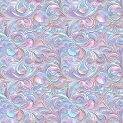 Poster - Pearlescent holographic seamless pattern with ornate swirling floral design