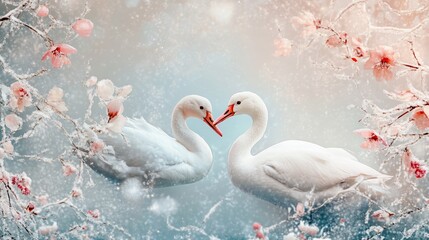 Naklejka na meble Two white swans forming a heart shape with their necks amidst snowy pink blossoms.