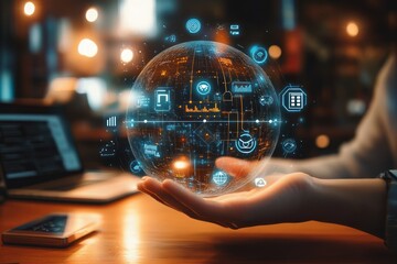 futuristic digital globe with ai 5g iot icons holographic interface technology innovation network co