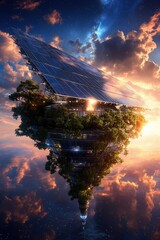 Wall Mural - a futuristic city is floating in the sky with a large solar panel on top