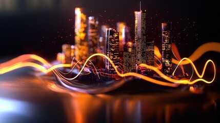Wall Mural - Abstract city skyline, glowing energy waves, dark background, futuristic urban scene