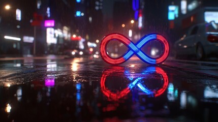 Wall Mural - Neon infinity symbol on wet city street at night
