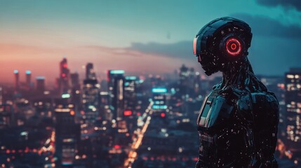 Poster - Futuristic sentinel stands guard over gleaming cityscape at twilight