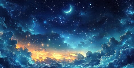 Wall Mural - dreamy night sky with crescent moon and vibrant stars in surreal ethereal clouds