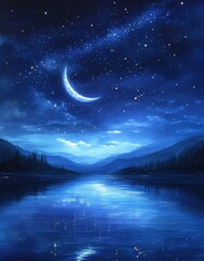Wall Mural - calm night sky over reflective lake with crescent moon and stars in watercolor style