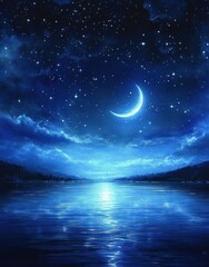 Wall Mural - calm night sky with crescent moon and stars over reflective lake