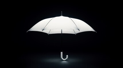 Poster - Isolated open white umbrella with a glowing outline on a dark black background, representing shelter in the void