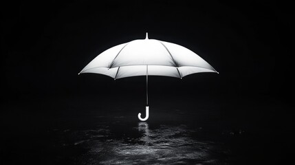 Poster - Isolated open white umbrella with a glowing outline on a dark black background, representing shelter in the void