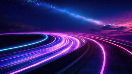 Canvas Print - Neon highway curves through night sky, with galaxy streaks