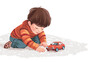 © ping - digitally rendered illustration depicts a toddler, approximately 2-3 years old, kneeling on a textured off-white surface, concentrating on playing with a small red toy car.