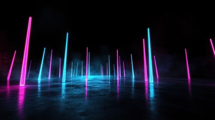 Wall Mural - Neon light pillars, dark alley,  smoke, futuristic