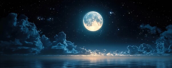 Wall Mural - night sky full moon stars glowing clouds serene calm dreamlike