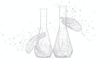 Poster - Abstract Polygonal Scientific Test Tubes with Hands Collecting Puzzle - Low Poly Wireframe Vector on White Background - Concept of Science and Analysis in Minimalist Digital Graphics
