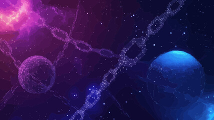 Poster - Abstract Low Poly Chain Links in Universe with Planets and Stars, Vector Wireframe Concept, Starry Sky Space Illustration