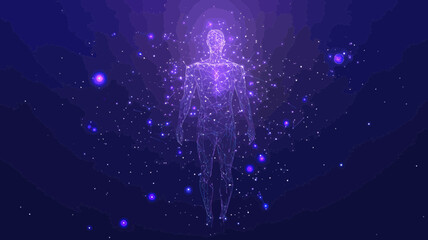 Poster - Illustrative Vector Wireframe of Human Figure in Starry Universe Background - Concept of Cosmic Connection and Existential Exploration in Flat Minimalist Style