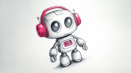 Wall Mural - a cute robot listens to music on headphones in a detailed and playful sketch.