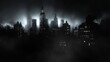© h4kunA - Foggy night cityscape, illuminated skyscrapers, dramatic lighting, background use