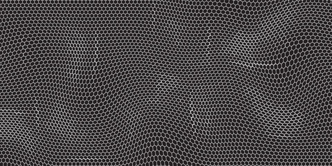 Wall Mural - dark grey abstract wide horizontal banner with hexagon carbon fiber grid and orange luminous lines.