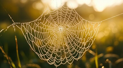 Dew-covered spiderweb at sunrise, intricate design, glistening strands.