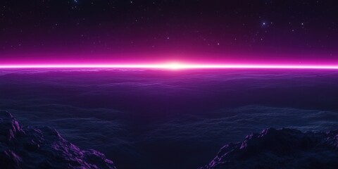 neon purple glowing horizon over dark alien desert night sky panoramic environment map with starry s