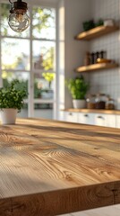 Poster - Sunlight cascades through a kitchen window, casting a warm glow on the smooth wooden countertop. Potted herbs and plants bring life to the serene space, inviting culinary creativity