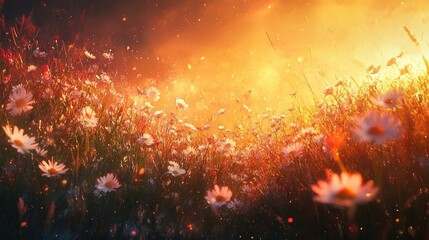 magical wildflower field moving in the wind with beautiful sunlight, white daisy meadow in sunset li