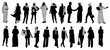 © Creative_Juice_Art - Silhouettes of Arab Business people, men and women, standing in traditional and smart casual clothes with hijab, shaking hands, using laptop, phone, tablet. Vector black illustrations isolated.