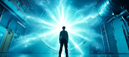 Wall Mural - silhouette of man ready to future time travel with portal machine. generative video ai technology.