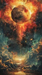 Wall Mural - An awe-inspiring cosmic explosion illuminates a celestial body above a tranquil ocean horizon. Ethereal clouds and shimmering stars create a breathtaking scene filled with vibrant colors.