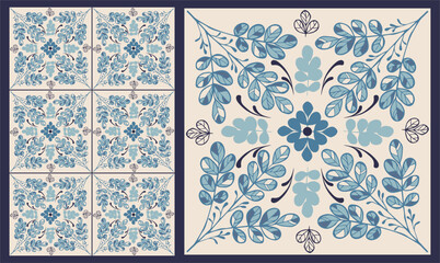Wall Mural - Floral tile pattern with plants. Blue botanical print. Vintage design for fabric, wallpaper or wrapping paper.	