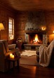 © AleniaFlow - Cozy Cabin Interior with Warm Fireplace and Candles