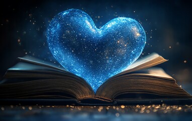 Poster - Blue starry heart decoration on top of an open book, glowing with celestial light, magical and romantic atmosphere, generative AI art