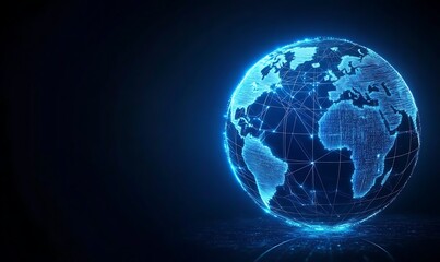 Poster - The globe is illuminated with digital connections, showcasing global data networks in a striking blue color against a dark background 