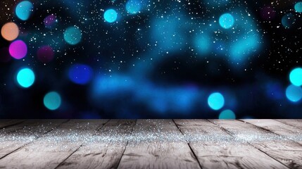 Canvas Print - Sparkling wooden surface, night bokeh background