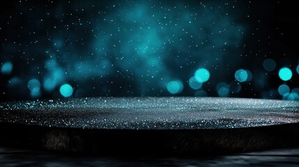 Canvas Print - Dark Wood Round Display Platform with Teal Bokeh Background