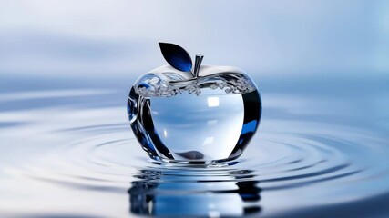 Poster - A unique crystal apple is seen floating on calm water, surrounded by a tranquil blue background. Gentle ripples form around its base, enhancing the peaceful atmosphere.
