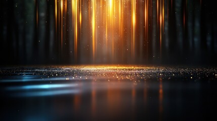 Wall Mural - Golden light beams forest floor, mystic glow, dark background