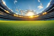 © Tatyana - Vibrant football stadium panoramic view during golden hour with detailed grass and seating under blue sky