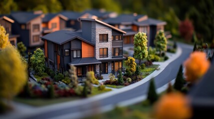 Miniature model townhouses, suburban street scene, autumn colors, wooded background